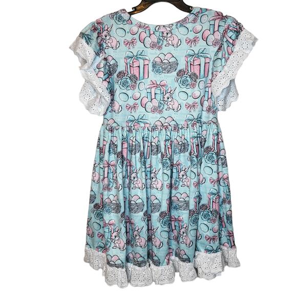 Blue PInk Bunny Twirl dress lace flutter sleeves hem girls 6/7 - Picture 3 of 4